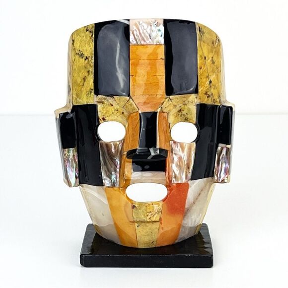 Mexican Mayan Aztec Inlaid Abalone Onyx Ceramic Tribal Death Mask - Picture 1 of 10